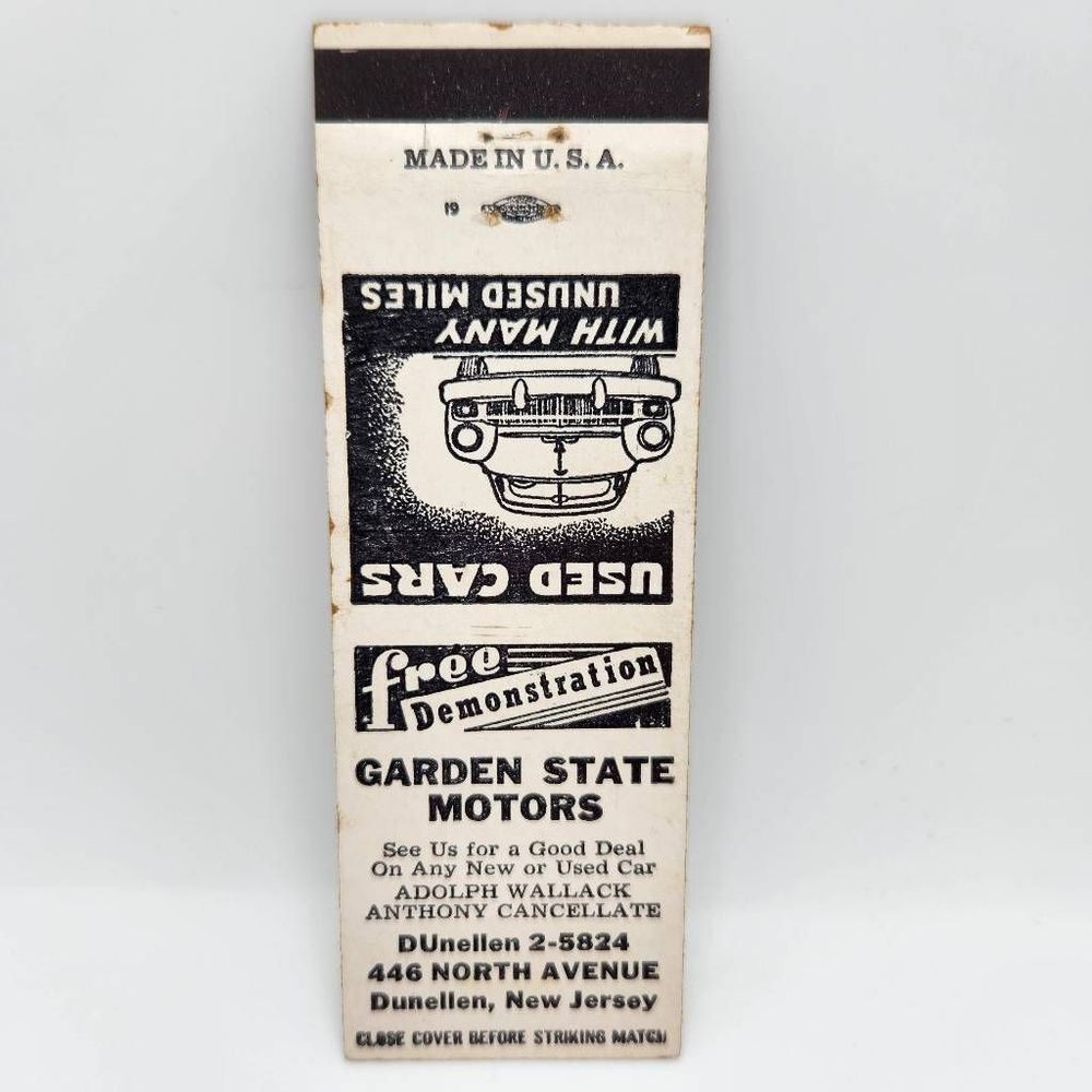 Vintage Matchbook Garden State Motors Dunellen New Jersey